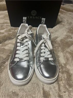 Versace Silver Metallic Low-Top Sneakers with White Laces